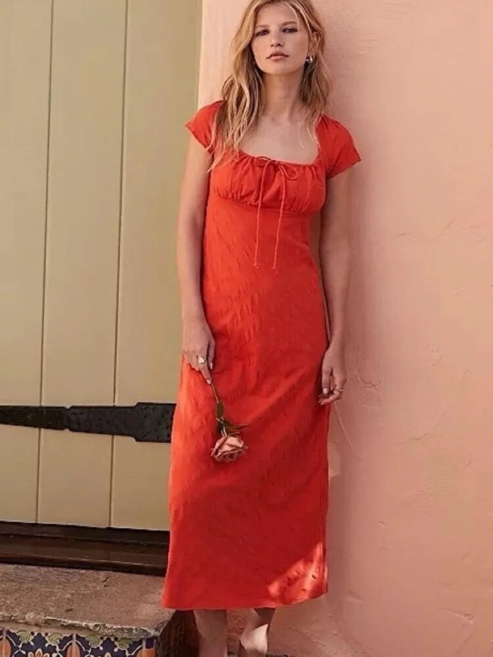 Free People: Red-Orange Women's Maxi Dress - Elegant Scoop Neck